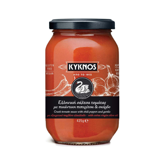 KYKNOS S.A. Greek Canning - Original griechische Tomatensauce mit Chili und Knoblauch - scharf - 425 g
