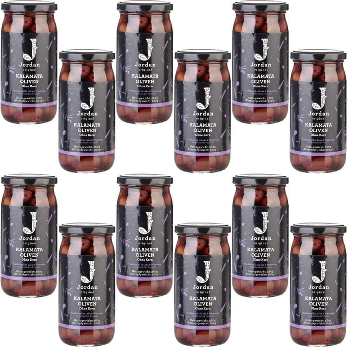 Jordan Original - Kalamata Oliven ohne Kern - im Glas - 360g - 12er Pack (4320g | 2400g Abtropfgewicht)