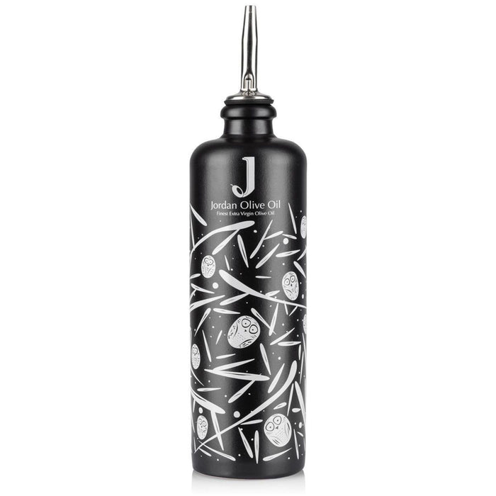 Jordan Keramikflasche - matt schwarz mit weißen Symbolen - inkl. Edelstahl-Öl-Ausgießer - 500 ml