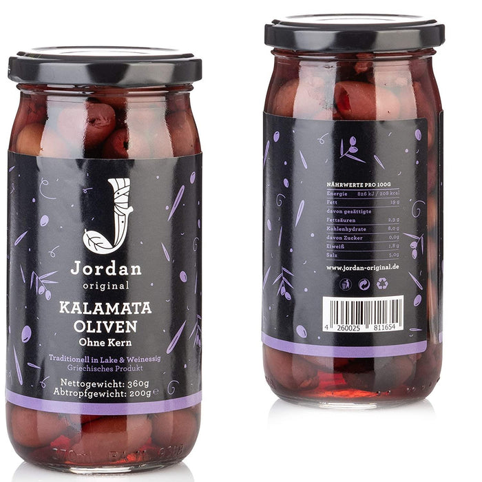 Jordan Original - Kalamata Oliven ohne Kern - im Glas- 2x360g - 2er Pack