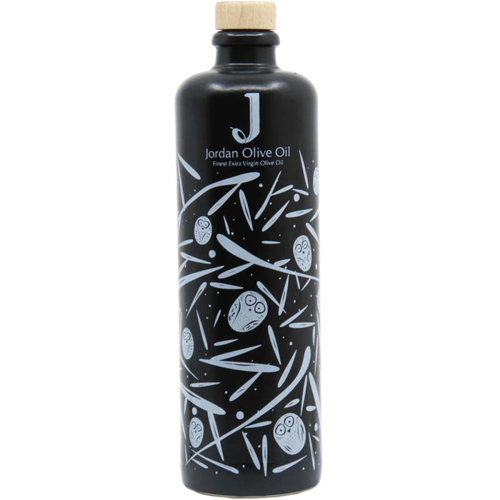 Jordan Original Keramikflasche - matt schwarz mit weißen Symbolen - 500 ml - inkl. Holzdeckel mit Ausgießer