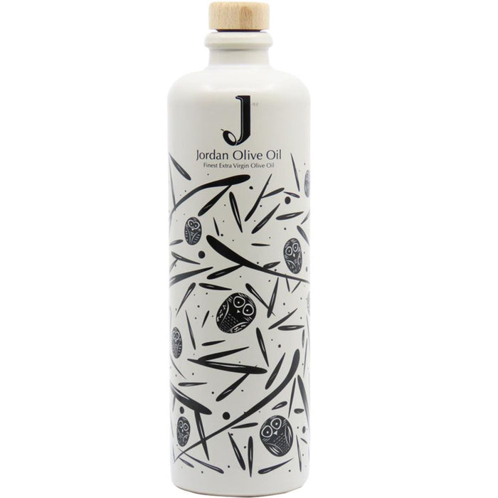 Jordan Original Keramikflasche - matt weiß mit schwarzen Symbolen - 500 ml - inkl. Holzdeckel mit Ausgießer
