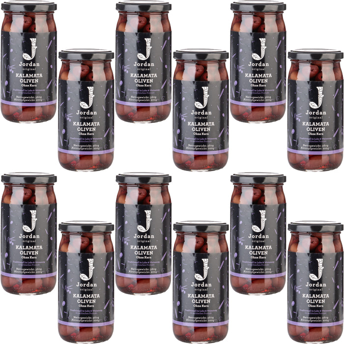 Jordan Original - Kalamata Oliven ohne Kern - im Glas - 360g - 12er Pack (4320g | 2400g Abtropfgewicht)