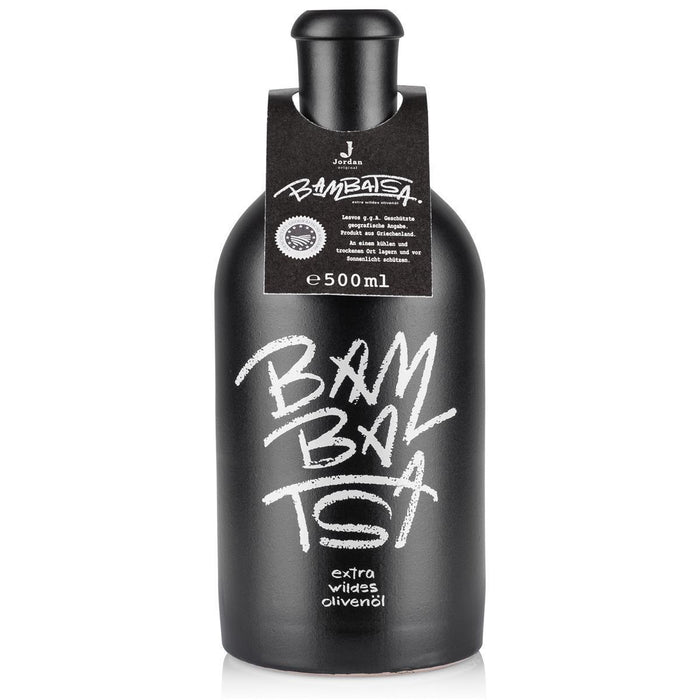 Jordan Olivenöl - Bambatsa extra wildes Olivenöl - 500 ml - Keramikflasche - schwarz und breit befüllt