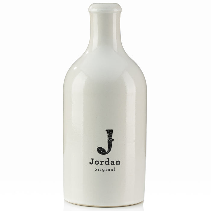 Jordan Olivenöl - Füllkorb "Seegras" - Medium - SET 7 - Jordan Olivenöl Natives Olivenöl Extra 1L Kanister + Jordan Original Keramikflasche weiß glänzend - breit - mit Jordan Logo 0,5L + Ausgießer - 30cm x 25cm x 12 cm