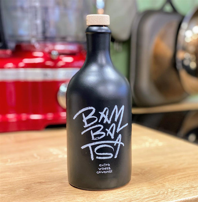 Jordan Olivenöl - Bambatsa extra wildes Olivenöl - 500 ml - Keramikflasche - schwarz und breit befüllt