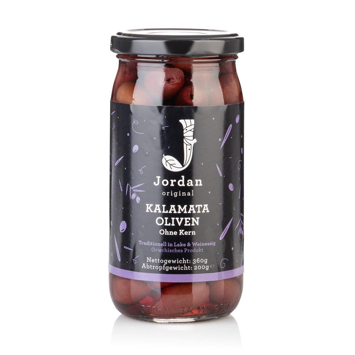 Jordan Original - Kalamata Oliven ohne Kern - im Glas - 360g - 12er Pack (4320g | 2400g Abtropfgewicht)