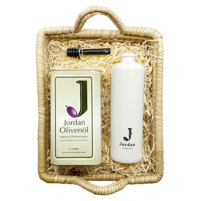 Jordan Olivenöl - Füllkorb "Seegras" - Medium - SET 1 - Jordan Olivenöl Natives Olivenöl Extra 1L Kanister + Jordan Original Keramikflasche schmal-matt Weiß - Logo Schwarz 0,5L - 30cm x 25cm x 12 cm