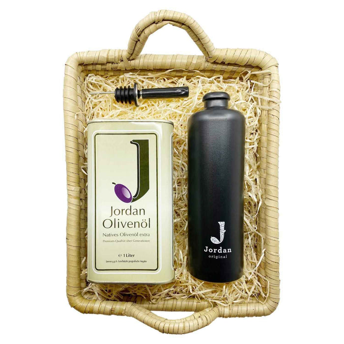 Jordan Olivenöl - Füllkorb "Seegras" - Medium - SET 2 - Jordan Olivenöl Natives Olivenöl Extra 1L Kanister + Jordan Original Keramikflasche schmal-matt Schwarz - Logo Weiß 0,5L - 30cm x 25cm x 12 cm