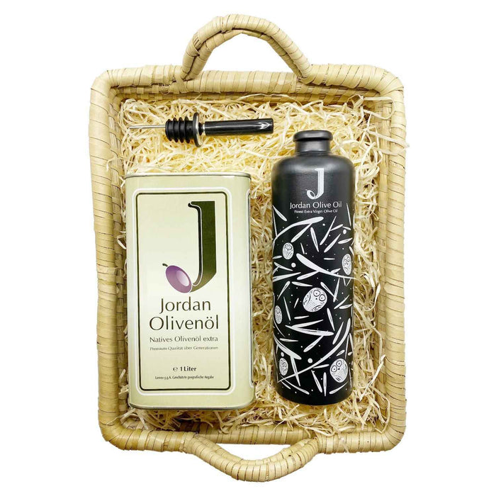 Jordan Olivenöl - Füllkorb "Seegras" - Medium - SET 3 - Jordan Olivenöl Natives Olivenöl Extra 1L Kanister + Jordan Original Keramikflasche matt Schwarz - weißen Symbole 0,5L + Ausgießer - 30cm x 25cm x 12 cm