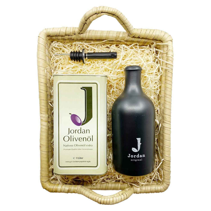Jordan Olivenöl - Füllkorb "Seegras" - Medium - SET 6 - Jordan Olivenöl Natives Olivenöl Extra 1L Kanister + Jordan Original Keramikflasche matt Schwarz - breit - mit Jordan Logo 0,5L + Ausgießer - 30cm x 25cm x 12 cm