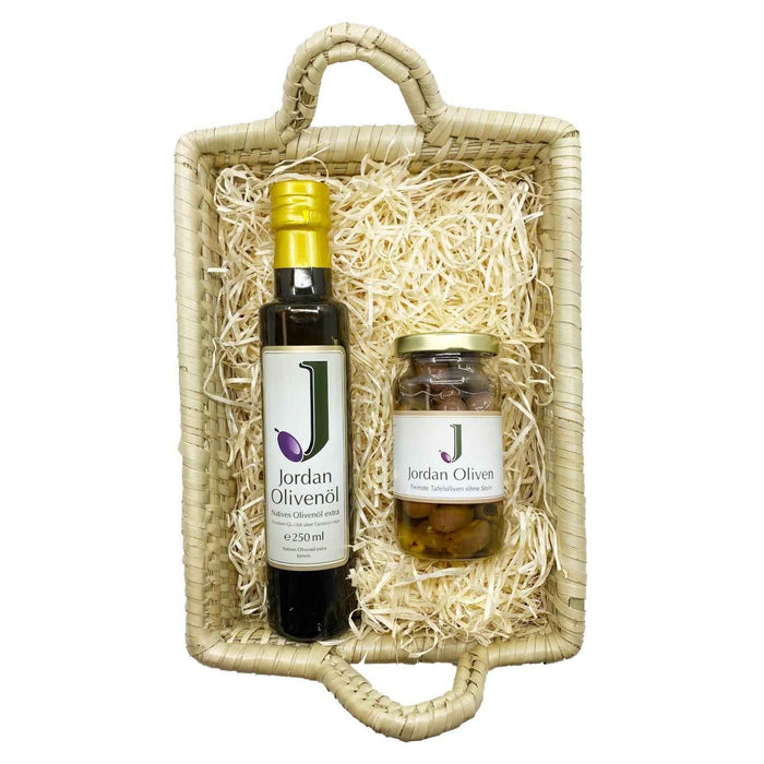 Jordan Olivenöl - Füllkorb "Seegras" - Klein - SET 1 - Jordan Olivenöl 0,25L + Jordan Oliven ohne Stein 180g - 30cm x 22cm x 11 cm