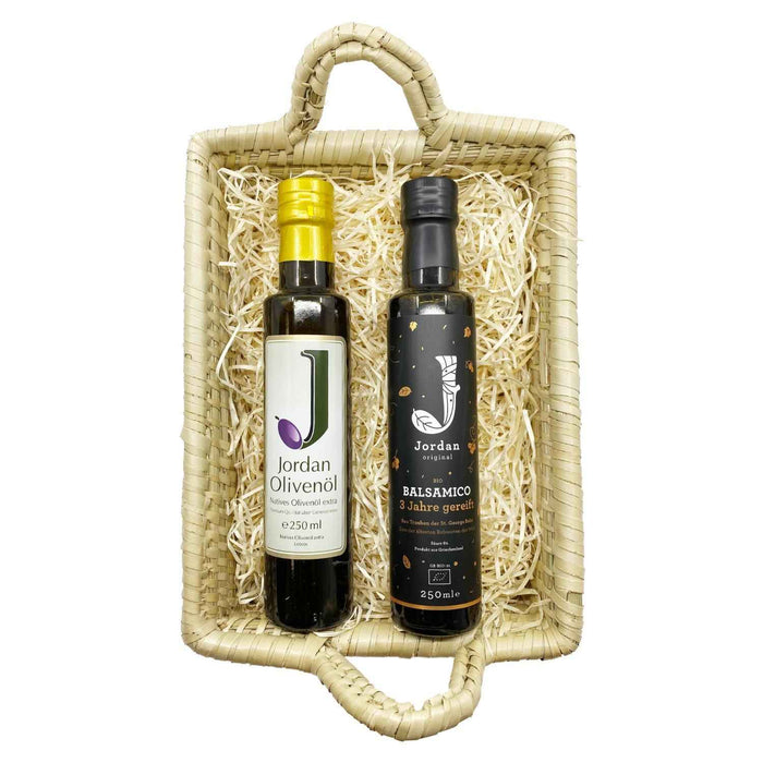 Jordan Olivenöl - Füllkorb "Seegras" - Klein - SET 2 - Jordan Olivenöl 0,25L + Jordan Original Balsamico 3 Jahre gereift 0,25L - 30cm x 22cm x 11 cm