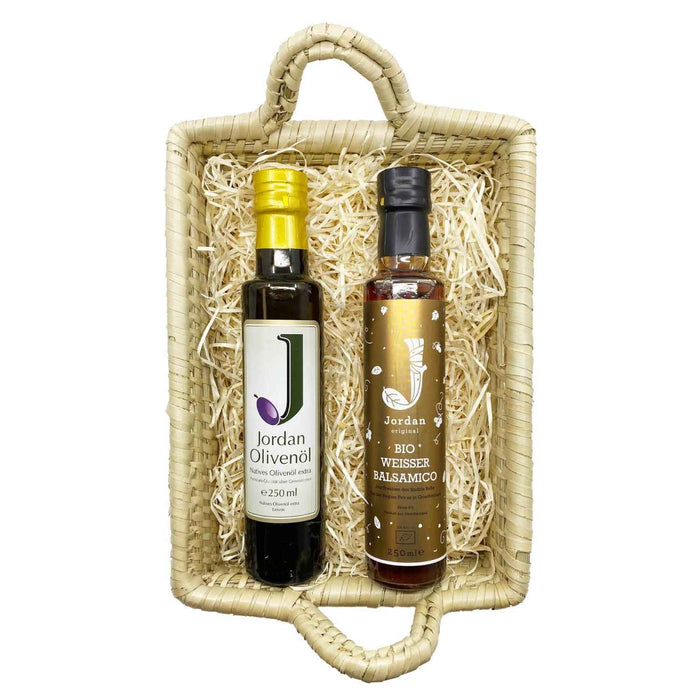 Jordan Olivenöl - Füllkorb "Seegras" - Klein - SET 3 - Jordan Olivenöl 0,25L + Jordan Original Weisser Balsamico 0,25L - 30cm x 22cm x 11 cm
