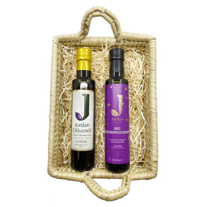 Jordan Olivenöl - Füllkorb "Seegras" - Klein - SET 6 - Jordan Olivenöl 0,25L + Jordan Original Bio Traubendicksaft 0,25L - 30cm x 22cm x 11 cm