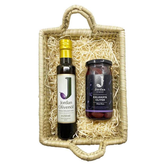 Jordan Olivenöl - Füllkorb "Seegras" - Klein - SET 7 - Jordan Olivenöl 0,25L + Jordan Original Kalamata Oliven ohne Kern 200g - 30cm x 22cm x 11 cm