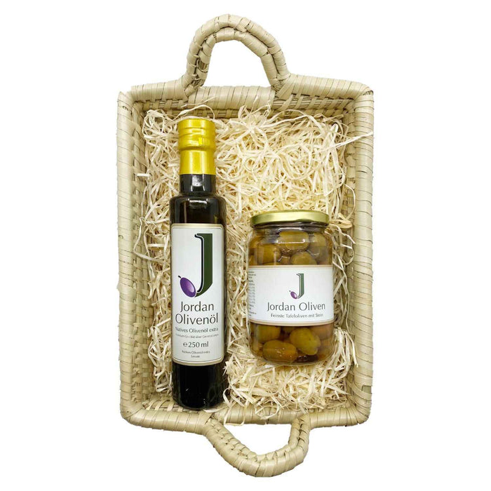 Jordan Olivenöl - Füllkorb "Seegras" - Klein - SET 8 - Jordan Olivenöl 0,25L + Jordan Original Fruchtig und Fein (mit Stein) 350g - 30cm x 22cm x 11 cm