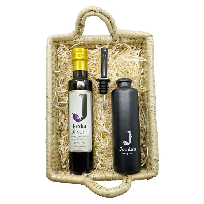 Jordan Olivenöl - Füllkorb "Seegras" - Klein - SET 9 - Jordan Olivenöl 0,25L + Jordan Original Keramikflasche schmal-matt Schwarz 200 ml + Ausgießer Edelstahl mit Kappe - 30cm x 22cm x 11 cm