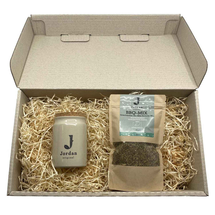 Jordan Original - Gewürz Set - Griechischer Bio - BBQ-Mix - Keramiktopf - glänzend Weiß - Jordan Logo - GR-BIO-01 - 30g Beutel