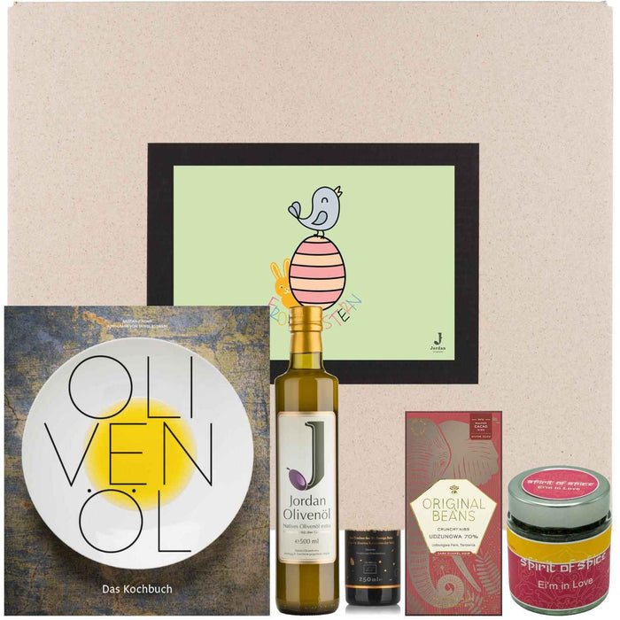 Jordan Olivenöl - Ostergeschenkbox 10 mit Grußkarte im umweltfreundlichem Graspapier-Karton