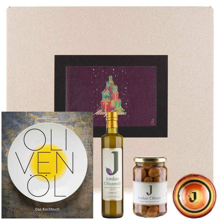 Jordan Olivenöl - Geschenkbox für Weihnachten 9 mit Grußkarte im umweltfreundlichem Graspapier-Karton