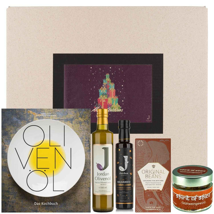 Jordan Olivenöl - Geschenkbox für Weihnachten 14 mit Grußkarte im umweltfreundlichem Graspapier-Karton