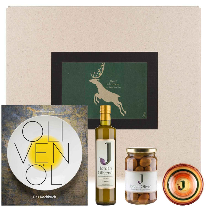 Jordan Olivenöl - Geschenkbox für Weihnachten 10 mit Grußkarte im umweltfreundlichem Graspapier-Karton