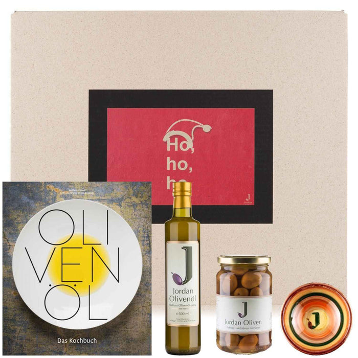 Jordan Olivenöl - Geschenkbox für Weihnachten 7 mit Grußkarte im umweltfreundlichem Graspapier-Karton