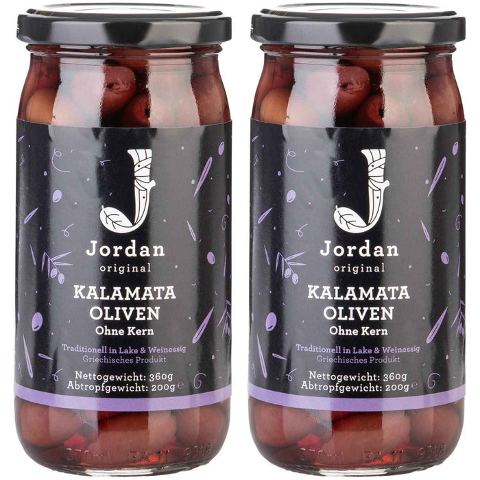 Jordan Original - Kalamata Oliven ohne Kern - im Glas- 2x360g - 2er Pack