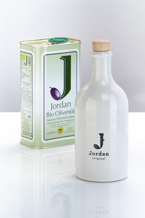 Jordan Original - Keramikflasche breit - weiß glänzend - 500 ml inkl. Holzdeckel mit Ausgießer